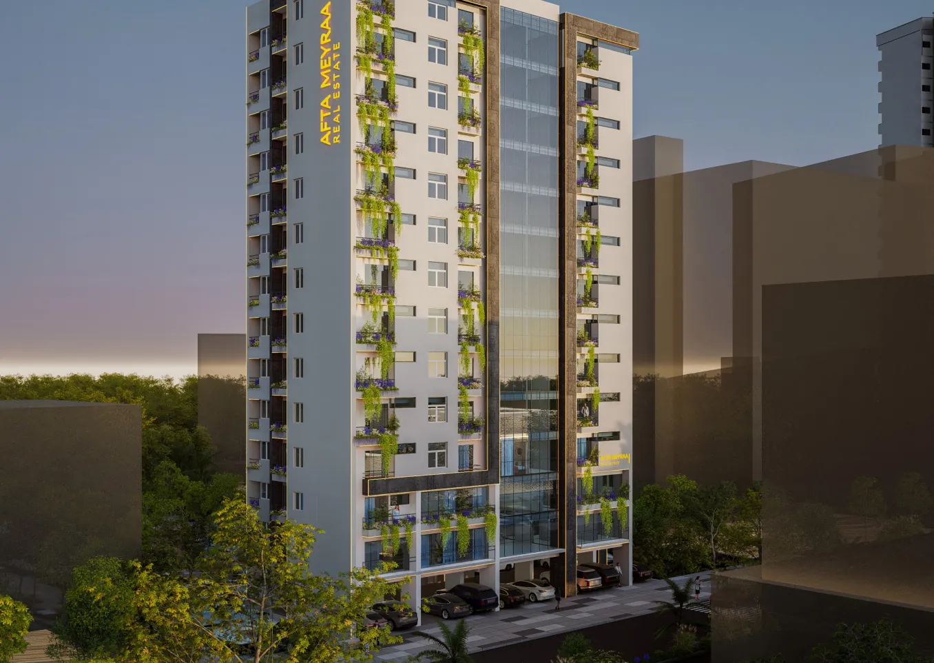 Rendering of a slender apartment building with planted balconies at dusk