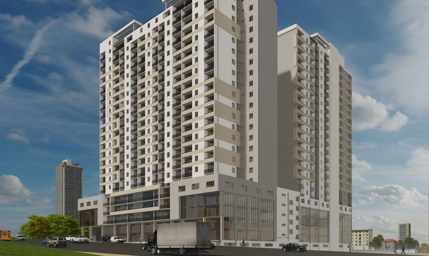 Rendering of a 23-storey white apartment tower over a glazed podium